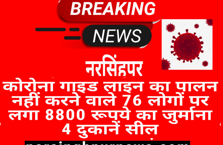 नरसिंहपुर कोरोना की गाइड लाइन का पालन नहीं करने वाले 76 लोगों पर लगा 8800 रूपये का जुर्माना 4 दुकानें सील