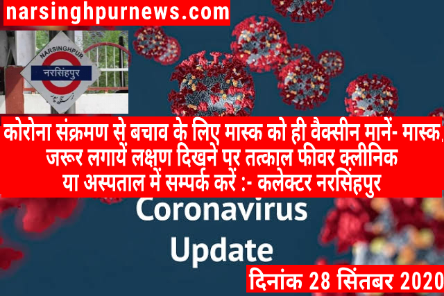 नरसिंहपुर न्यूज कोरोना संक्रमण से बचाव के लिए मास्क को ही वैक्सीन मानें- मास्क जरूर लगाये लक्षण दिखने पर तत्काल फीवर क्लीनिक या अस्पताल में सम्पर्क करें